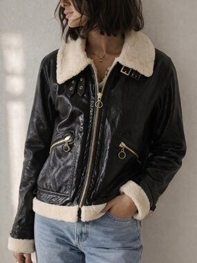 Jonathan Simkhai Black Sherpa Aviator Jacket XS Vegan Leather‎ Moto Minimal Luxe